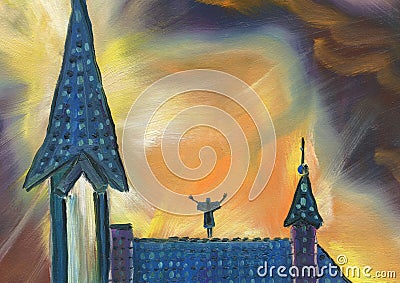 Oil Painting. Beautiful Cathedral at night. Prayer. Stock Photo