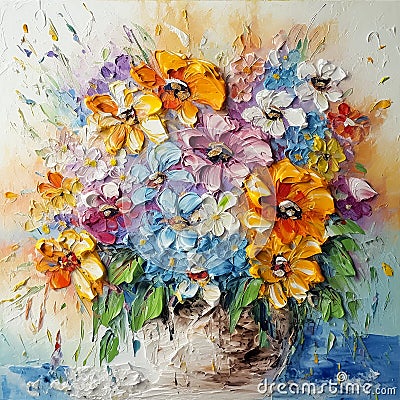 Oil painting in boho style, garden flowers bouquet in vase, semi abstract, generative AI Stock Photo