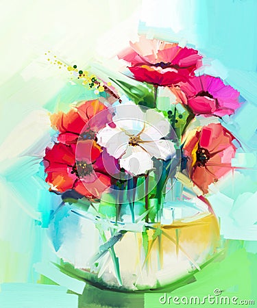 Oil painting a bouquet of gerbera and Hibiscus flower Stock Photo