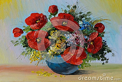 Oil Painting - bouquet of poppies and wildflowers in a vase Stock Photo