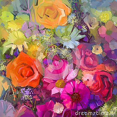 Oil painting a bouquet of rose,daisy and gerbera flowers Stock Photo