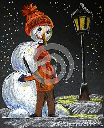 Oil painting a boy hugs a snowman in the evening under the lantern Stock Photo