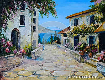 Oil painting on canvas of a beautiful houses near the sea Stock Photo