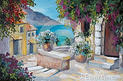 Oil painting on canvas - beautiful houses and stairs near the sea Stock Photo