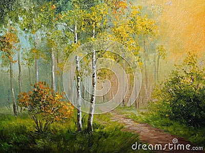 Oil painting on canvas - birch forest, abstract drawing Stock Photo