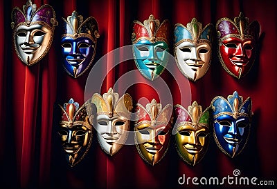 An oil painting on canvas of a colorful ornate traditional venetian masks on display, over a dark red curtain Stock Photo