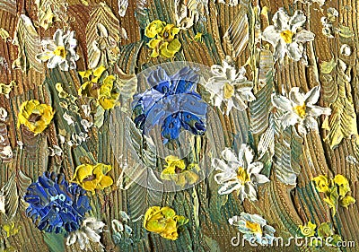 Oil painting on canvas. Cornflowers, chamomile and buttercup. Stock Photo