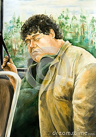 Fat man sleeping in the bus Stock Photo
