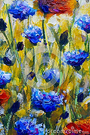 Oil painting on canvas modern impressionism Flower meadow with poppies. Stock Photo