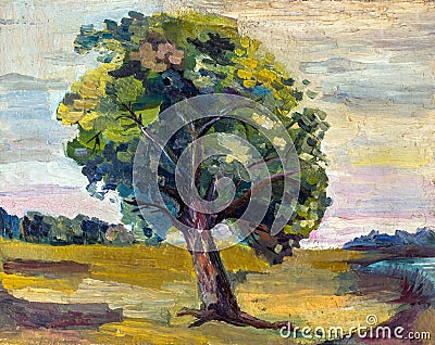 An oil painting on canvas of a seasonal autumn rural landscape with alone colorful old pear tree Stock Photo