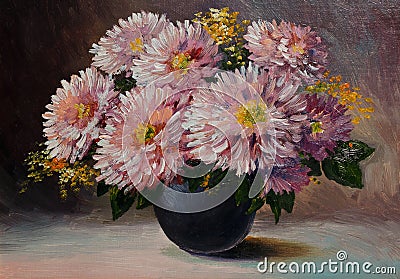 Oil painting on canvas - still life flowers on the table, art work Stock Photo