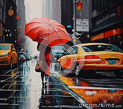 oil painting on canvas, street view of New York, woman under an red umbrella, ai generated Cartoon Illustration