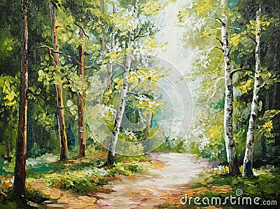 Oil painting on canvas - summer forest Stock Photo