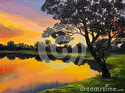 Oil painting on canvas - tree near the lake Stock Photo