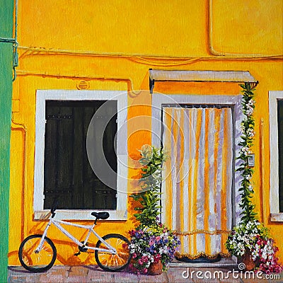 Oil Painting on Canvas - Yellow House With Blooming Flowers, on island Burano, Venice, Italy Stock Photo