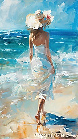 Oil painting on canvas, young woman in hat walking along the seashore on a sunny summer day artistic painting Cartoon Illustration