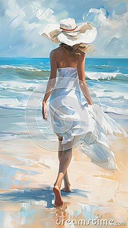 Oil painting on canvas, young woman in hat walking along the seashore on a sunny summer day artistic painting Cartoon Illustration