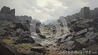 Fantastical Ruins: A Majestic Mountain Of Rocks In The Style Of Nick Alm Stock Photo