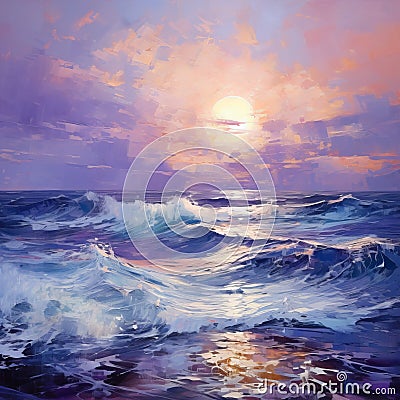 Lavender Symbolism Seascape Abstract Oil Painting With Ocean Waves And Sunset Stock Photo