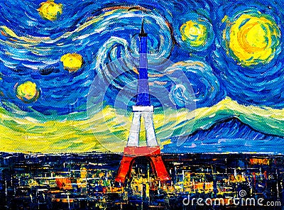 Oil Painting - Eiffel Tower with abstract starry night sky Editorial Stock Photo