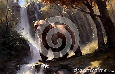 Oil painting of a close up brown bear sitting in a forest near a waterfall with trees in background Stock Photo