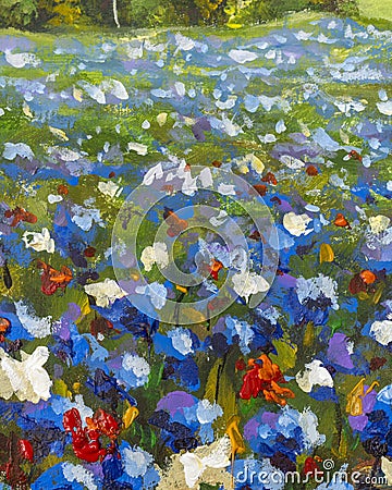 Oil painting close-up flower. Big blue white and red flowers wildflowers chamomile closeup macro on canvas. Stock Photo