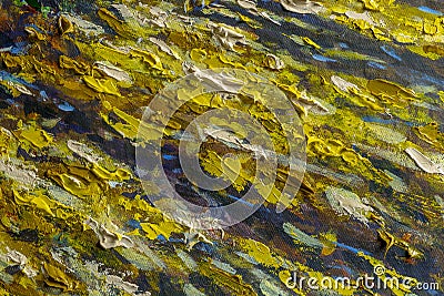 Oil painting close-up fragment. Big yellow brown blue paint strokes closeup macro on canvas Stock Photo