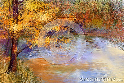 Oil painting colorful autumn landscape background. Stock Photo