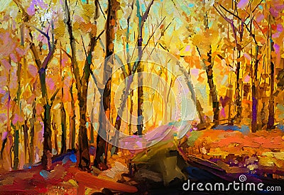 Oil painting colorful autumn trees. Semi abstract image of forest, aspen trees with yellow - red leaf. Stock Photo