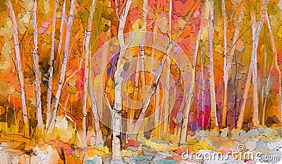 Oil painting colorful autumn trees. Semi abstract image of forest, aspen trees with yellow - red leaf. Stock Photo