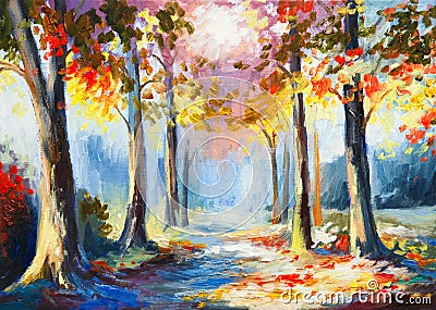 Oil painting - colorful spring landscape, road in the forest. Stock Photo