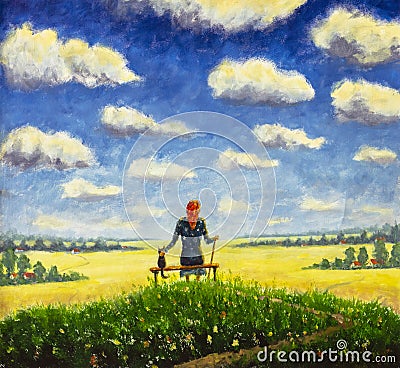 Beautiful old woman grandmother sits with cat on bench and enjoys flowering summer field and blue sky with large clouds Stock Photo