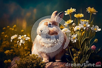 Oil painting of a cute Bunny rabbit sitting amongst flowers in a dreamy garden Cartoon Illustration
