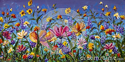 Oil Painting daisies flowers wildflowers in garden Stock Photo