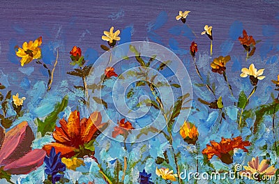 Oil Painting daisies flowers wildflowers in garden field summer spring Stock Photo