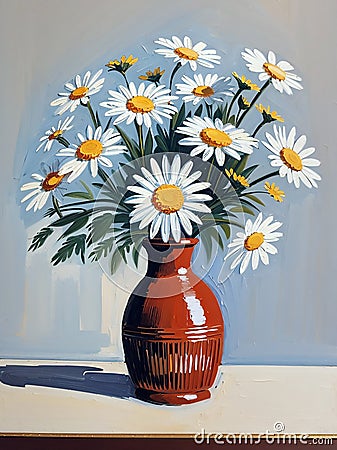 Oil Painting Daisies in a Red Vase Stock Photo