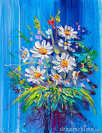 Bouquet of white daisies on a blue background. Stock Photo