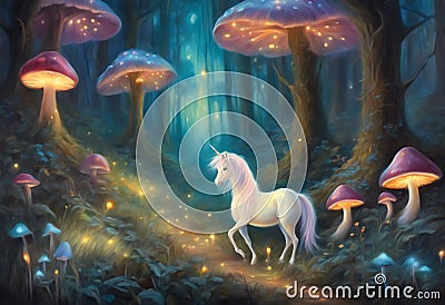 Oil Painting of an Enchanted Forest: Glowing Mushrooms and Mythical Unicorn Horse Stock Photo