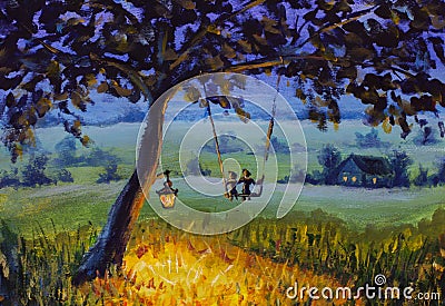 Oil painting Evening rustic landscape, a lantern hanging on a tree, a guy with a girl in love ride on a swing. Green meadows, a li Cartoon Illustration