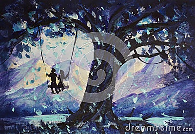 Macro painting fairy tale, abstraction male and girl ride on swing. mountains in background. illustration to book Cartoon Illustration