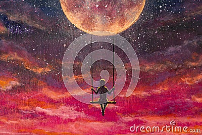 The illustration shows man girl who is riding on swing on big planet in beautiful pink sunset cosmos Cartoon Illustration