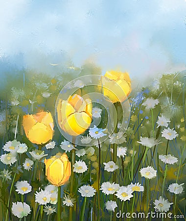 Oil painting field of yellow tulip and white daisy flowers Stock Photo