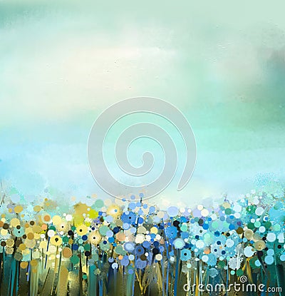 Oil painting of flowers plant. Dandelion flower in fields. Meadow landscape with wildflower. Stock Photo