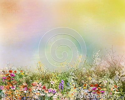 Oil painting flowers plant. Purple cosmos, white daisy, cornflower, wildflower, dandelion flower in fields. Stock Photo