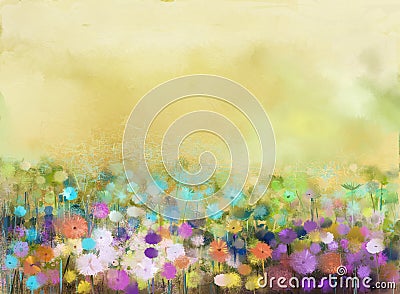 Oil painting flowers plant. Purple cosmos, white daisy, cornflower, wildflower, dandelion flower in fields Stock Photo