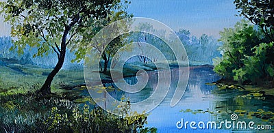 Oil Painting of forest landscape - pond in the forest. Abstract drawing Stock Photo