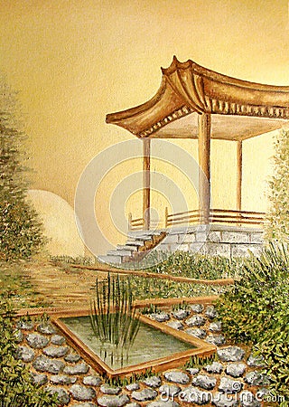 Oil painting with gazebo in Asian Japanese Garden Stock Photo