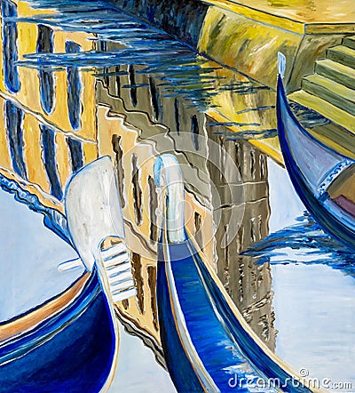 Oil painting gondola details on canal in Venice with houses reflecting in water. Stock Photo