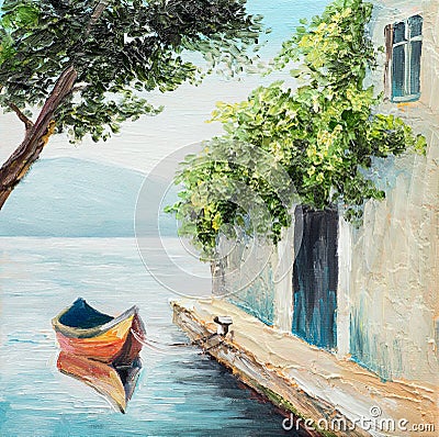 Oil painting, gondola in Venice, beautiful summer day in Italy Stock Photo