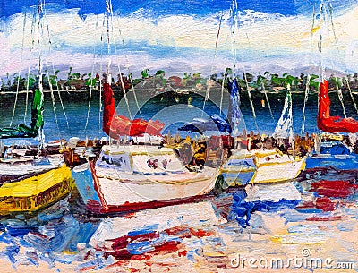 Oil Painting - Harbor View Stock Photo